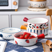 Ceramic baked baked rice bowl with handle creative European single handle fruit salad bowl home Japanese tableware soup noodle bowl