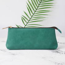 Japanese simple advanced sense of art exquisite ins Wind cowhide pen bag large capacity stationery box Crazy Horse Leather pencil bag leather leather leather