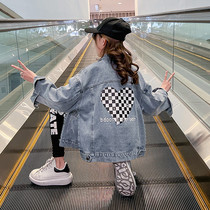 Girl Coats Spring Autumn Money 2022 New Spring Clothing Nets Red Great Boy Tide Clothing Fried Street Trendy Children Denim Blue Blouses