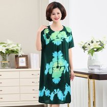 Plus size cotton tie-dyed loose print dress gown summer middle-aged casual dress fattened nightgown