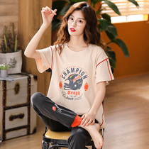 Korean pajamas women cotton short sleeve trousers summer home wear Women summer can go out sports leisure thin two-piece set