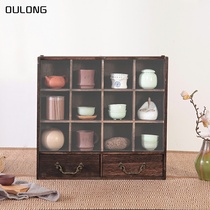 Solid wood teacup rack Tea set storage cabinet Teapot rack Bogu rack Tea shed rack Storage rack with glass cover dust-proof tea rack