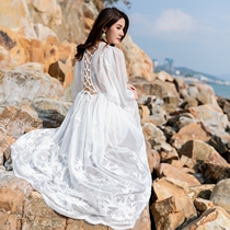 (Shop transformation clearance) very fairy white holiday dress fairy Beach long sleeve dress backless