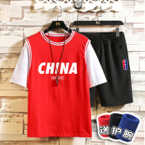 Teenagers China Red Jersey Basketball Boys Cotton Fake Two Loose Ribbon Crewneck Short Sleeve Tee Set