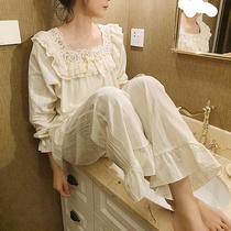 Palace pajamas female spring and autumn princess cotton fairy wind white Korean version of net red lace winter cotton suit home clothing