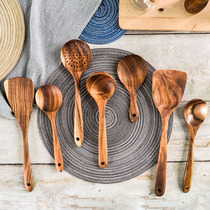 Teak long handle spatula Household non-stick pan special cooking wooden shovel Solid wood high temperature resistant large soup spoon Rice spoon colander