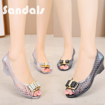 Summer new hole shoes womens sandals high slope heel hollow fish mouth crystal transparent jelly sandals nurse