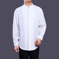 Upscale autumn new mens Chinese style long sleeves big code shirts National Wind Mens Tang Costume Standing Rice White Long Sleeves