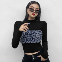 H home European and American style super A fashionable fine BAO WEN wool stitching T-shirt shirt top female blue Joker short style tight base