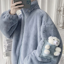 American retro cotton clothes rabbit suede thickened cotton clothes cute little bear lover fitting winter style loose mens cashmere jacket