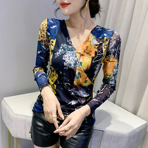 Europe Station Womens Dress New Sexy V Collar Cross T-shirt Woman Long Sleeve Fashion Printed Tennis Blouse Foreign Air Base Shirt