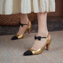  Small fragrance leather color pointed bow baotou sandals womens summer 2021 new gold back empty heels