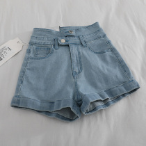 Tide~Factory women decorated elastic jeans short light blue high waist and lean hot pants summer thin mode 2020