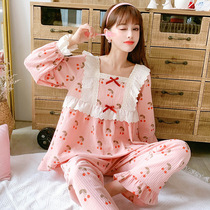 Spring Autumn Winter Pure Cotton Pyjamas Woman Long Sleeve Han Edition Cute Cherry Loose Princess Full Cotton Display Slim Home Suit Suit