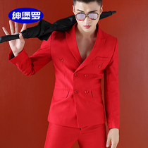 Performance suit double-breasted red men's stage singer photo studio host Korean dress slim suit
