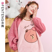 Finten line friends Coral Velvet Pajamas Women Cute Round Neck Flannel Pullover Loose Plus Size Set Winter