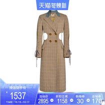 LE FAME laffi spring waist hollow hollow wide shoulder plaid stitching long coat LF9C12C13G024