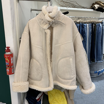 APM Dongdaemun Korean mens clothing autumn and winter models turn hair PU lamb hair inside lapel loose leather jacket