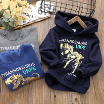 Boy hooded sweater 2019 autumn and winter New plus velvet in the big children cartoon dinosaur printing boy coat children tide