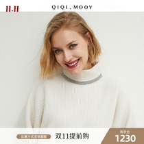 QIQI fur chain trim cashmere) classic gray white half-turtleneck cashmere long sleeve top women