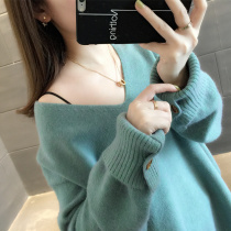 women's autumn and winter outerwear knitwear 2022 new loose loose pullover v-neck top thick open shoulder sweater women