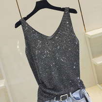 South Koreas spring and autumn ocean hot and drilling ice silk blouses womens summer new knit harness with sleeveless outwear outside sleeves