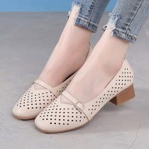 2020 summer round head medium heel soft sole single shoes womens retro Mary Jane milk shoes hollow word buckle shallow leather shoes