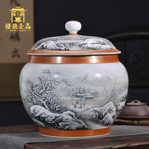 Jingdezhen ceramic handmade ink painting gold Ruixue Zhaofeng tea can sealed storage wake up tea can household tea warehouse