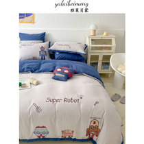 Cartoon male child Collider wide side washed cotton bed 3 pieces of sleeves Cute All-cotton Pure Cotton Linen Quilt Cover Children