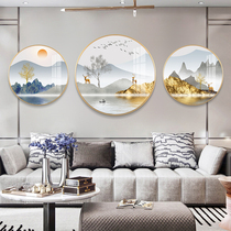 light luxury living room decorative painting new chinese style sofa background wall round high-end mural painting atmospheric landscape trio painting hanging painting
