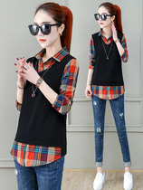 Womens fake two-piece shirt 2021 Spring and Autumn new foreign style Joker base shirt interior top casual plaid shirt