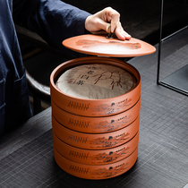 Purple sand tea pot large ceramic sealed jar Puer tea cake jar bamboo drawer multi-layer storage tea box tea ceremony accessories