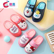  Slippers children autumn and winter PU waterproof male and female children cartoon home parent-child non-slip thick bottom warm bag with cotton tow