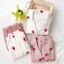 Strawberry pajamas autumn women's new home wear autumn cotton double gauze crepe suit sweet and lovely thin