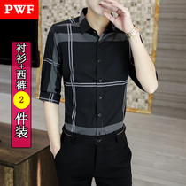 Summer 70% sleeves Shirt Mens Korean version Hull Handsome air lining Personality Trend Hair Stylist Middle Sleeve Inch Jacket