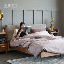 Plain wood for modern simplicity Nordic master bedroom with black walnuts Double man bed full solid wood light and luxurious style soft bunk bed