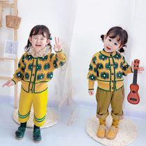 Mobao Children Spring and Autumn Flowers Jacquard Knitted Cardigan Womens Treasure Ginger Striped Wide Leg Pants Set Parent-Child