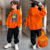 Boys winter suit 2021 new autumn and winter children plus velvet padded children Korean boy two-piece tide