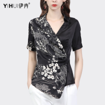 Satin Shirt Woman V Collar Splicing Design Sense Shirt Short Sleeve Foreign Air Blouse Collection Waist Display Slim 2022 Summer New