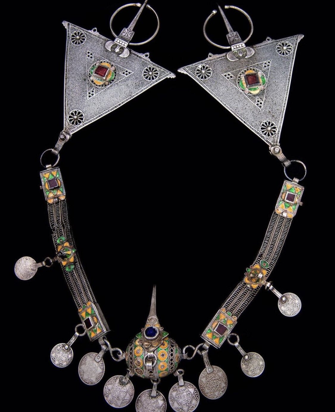 Moroccan Berber brooch with enamel egg numismatic antique necklace