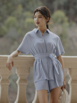 Seven Volume One cut small Man blue lace-up short sleeve shirt top womens shorts casual set womens summer 330 331