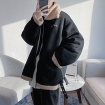 Winter fur integrated trend with large size male lamb wool jacket lovers cotton clothing Ins original Cebu Black