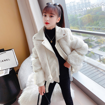 Girl coat autumn winter clothing 2021 new childrens foreign style thick imitation fur winter girl puleather jacket leather jacket