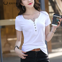Mi Amarschman 2021 summer fashion Korean version of slim button solid color base shirt thin V collar short sleeve t-shirt women