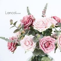 Lancol retro simulation flower romantic curl pink rose living room placed fake flower table decoration silk flower