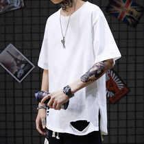 Trendy block bereaved hem knife cut hole frigid high street style short-sleeved T-shirt niche tide brand retro loose tee