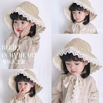 Net reddish child straw hat strap empty top hat lacing butterfly knot field wind 12 girl little bear pelvic hat mother and son
