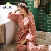 Coral fleece pajamas women autumn winter waist tie cute thickened winter plus fleece flannel nightgown home jacket two-piece set