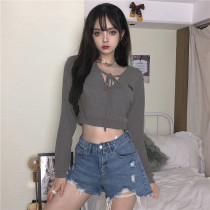 H home new V-neck lace-up letter embroidery open umbilical short top female Korean wind age age loose slim gray sweater