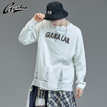 GUUKA tide brand white hole sweater male loose autumn and winter student hip-hop round neck Japanese knitted sweater worn outside